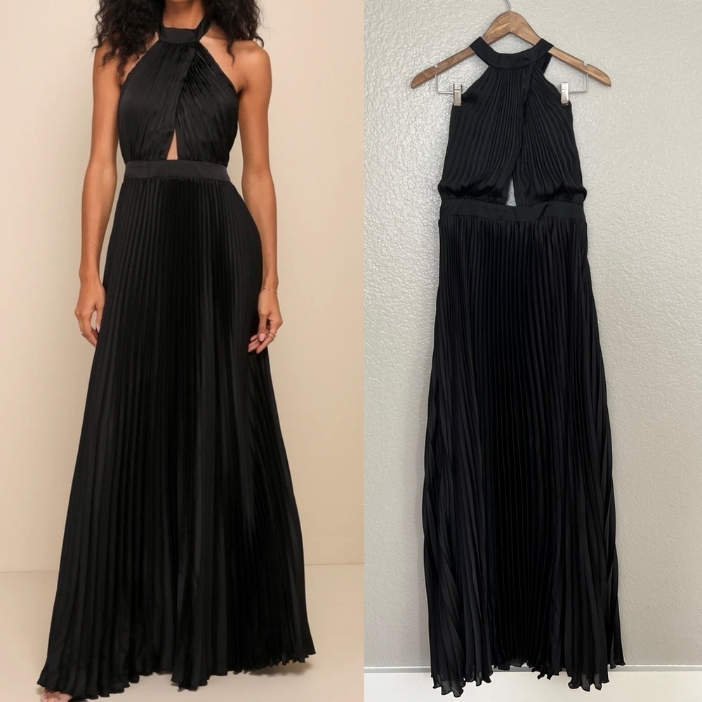 Midnight Moves Black Pleated Satin Cutout Halter Maxi Dress